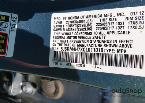 2012 Honda Cr-V Ex-L из США, поврежденный, VIN 5J6RM4H7XCL011010